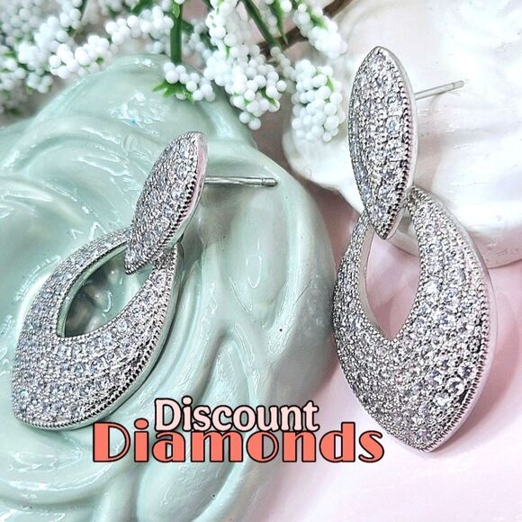 Dainty White Baguette Diamond Dangle Earrings 925 Silver - Picture 3 of 9